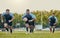 Rugby, team and men training, playing on grass field and exercise for healthy lifestyle, balance and wellness. Male