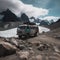 Rugged Camper Van Parked on the Edge of a Remote Wilderness Area with Glacier
