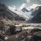 Rugged Camper Van Parked on the Edge of a Remote Wilderness Area with Glacier