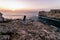 Rugged cliffs of the coastline of Cape St. Vincent at sunset. Near Lagos, Algarve region of Portugal.