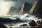 rugged coastline with towering cliffs, crashing waves, and misty sky