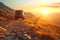 A rugged jeep bravely ascends a steep hill against the backdrop of a stunning sunset, highlighting the adventurous