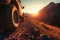 A rugged jeep drives down a dirt road during sunset, kicking up clouds of dust as it navigates the rough terrain