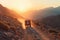 A rugged jeep travels down a dirt road as the sun sets, casting a warm glow on the dusty terrain
