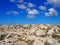 Rugged rocky arid limestone pavement landscape with vegetation in the cracks and blue sunlit sky with white clouds