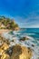 Rugged rocky coast with the D\'en Plaja Castle in the background