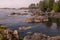 The rugged Wild Pacific Rim Trail, with fog clinging to the rocks at Ucluelet, on the Ucluelet Peninsula on the west coast of