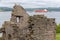 Ruin Incholm Abbey at Inchcolm Island with freighter and tugboats