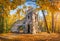 Ruin tower in autumn Tsaritsyno park in Moscow