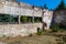 Ruined and abandoned building. Unusual details of apocalyptic architecture