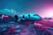 Ruined airport with abandoned plane in neon colors, post apocalyptic