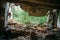 Ruined brick wall, collapsing ceiling, abandoned building