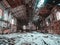 Ruined factory or abandoned warehouse hall with broken roof and snow on floor, nuclear winter concept