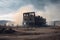 ruined industrial building in desolate and barren landscape, with smoke rising from its ruins