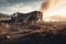 ruined industrial building in desolate and barren landscape, with smoke rising from its ruins