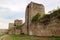 Ruined outer wall and towers of stone old medieval fortress Smederevo in Serbia, national landmark
