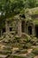 Ruined temple portico blocked by fallen rocks