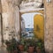 Ruined wall with an optical painting of a woman at the door