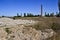 Ruins of an abandoned demolished old plant with high rise chimney