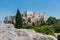 Ruins of Acropolis with  Parthenon, Erechtheum, Beule Gate and Temple of Athena in the city center,  view from Areopagus - Hill