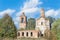 Ruins of ancient abandoned dilapidated brick Christian Church with bell tower