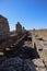 Ruins of the ancient agora at archaeological site Aspendos in Turkey under clear blue spring sky