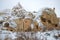 The ruins of ancient Christian church in the Pink Valley on a gloomy January day. Cappadocia, Turkey