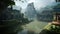 Ruins of ancient city in jungle. Old ruined buildings in forest. Archaeology and history.