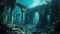 Ruins of ancient city sunk at bottom of sea. Atlantis like sunken city.