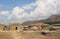 The ruins of the ancient Hierapolis city next to the travertine pools of Pamukkale, Turkey. Tumulus.