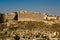 Ruins ancient impressive castle on mountain. Shobak crusader fortress. Castle walls. Travel concept. Jordan architecture and