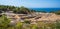 Ruins of the Ancient Kamiros city with a beautiful view of the Aegean sea on Rhodes Island, Greece