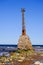 Ruins of the ancient Kurmrags lighthouse on the shore of the Gulf of Riga. Stone masonry in the lower part of the