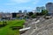 Ruins of the ancient Roman amphitheatre in the center of Durres, Albania.