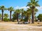 Ruins of the ancient temple columns, palm trees and blue sky