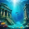 Ruins of ancient temple and swimming fishes under water