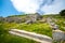 The ruins of ancient Thira, a prehistoric village at the top of the mountain Mesa Vouno, Santorini