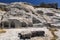 The ruins of ancient Thira, a prehistoric village at the top of the mountain Mesa Vouno, Santorini, Greece