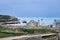 Ruins of antique greek basilica with columns on the seashore in Chersonesos