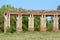 Ruins of arcade made of red brick in Ruzhany, Belarus.