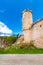 Ruins of Boskovice castle - view of surrounding walls and tower. Summer day, blue sky. Tourism in the Czech Republic - ancient