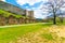 Ruins of Boskovice castle - view of surrounding walls and tower. Summer day, blue sky. Tourism in the Czech Republic - ancient