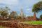 Ruins of buddha statues and pagoda of Wat Ratcha Burana in Ayutthaya historical park, Thailand