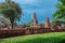 Ruins of buddha statues and pagoda of Wat Ratcha Burana in Ayutthaya historical park, Thailand