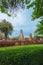 Ruins of buddha statues and pagoda of Wat Ratcha Burana in Ayutthaya historical park, Thailand