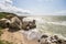 Ruins of bunkers on the beach of the Baltic sea, part of an old fort in the former Soviet base Karosta in Liepaja