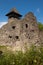 Ruins of Castle Nevytske in Transcarpathian region. Main keep tower donjon