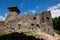 Ruins of Castle Nevytske in Transcarpathian region. Main keep tower donjon