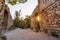 Ruins of castle in Palava, Czech republic, sunset colors, big rock wall