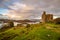 The ruins of Castle Tarbert on the right, green grass and rocks in the foreground and tarbert bay in the background